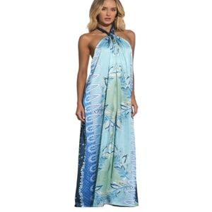 Elan Halter Maxi Ankle Dress Blue Multi Size Small Beach Vacation Travel Tropica